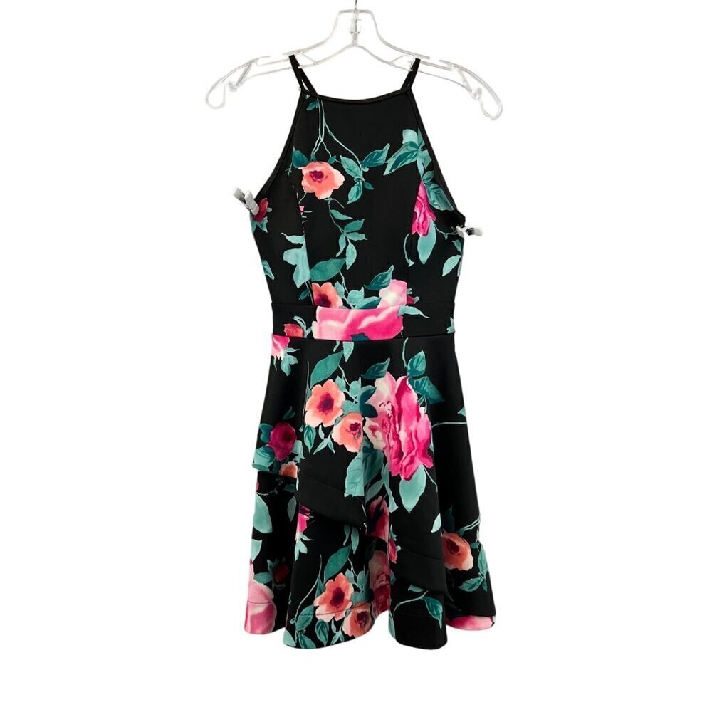 Speechless Halter A-Line Black/Multi Floral Above Knee Dress 5 Juniors Zip